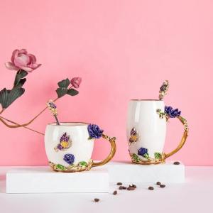 European style crystal glass enamel rose flower tea cup coffee Enamel Cups Made Of Crystal saucer spoon sets