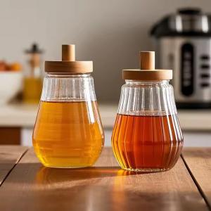 High Quality Clear Honey Glass Jar Round Shape Food Storage Jar With Wooden Lid